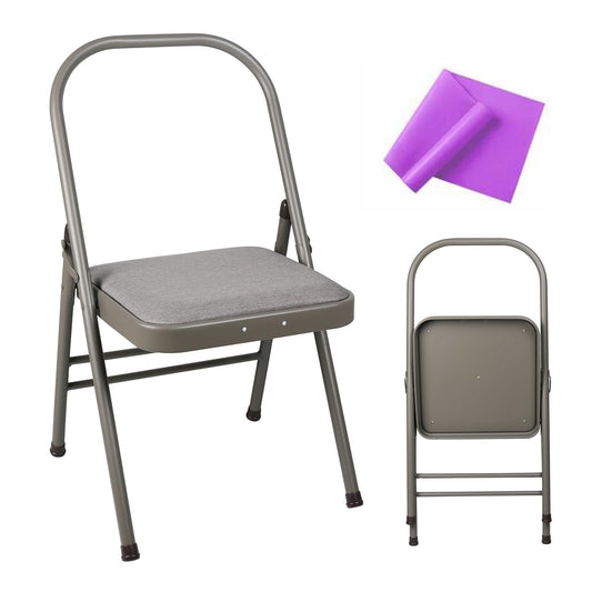 INNOLIFE Yoga Auxiliary Chair Foldable Backless Yoga Chair with Purple Yoga Resistance Band for Abs & Core, Flexibility and Strength Training and Back Pain Relieving (Gray)