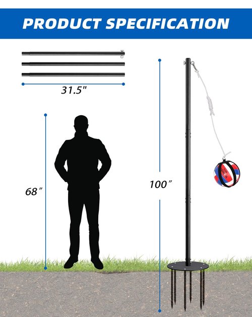Arejonner Tetherball Set with Heavy-Duty Adjustable Pole (Up to 8ft), Soft-Touch Ball & 5-Prong Base - Professional Outdoor Game for Backyard, Lawn, Beach - Includes Ball, Rope, Pole & Base for Kids