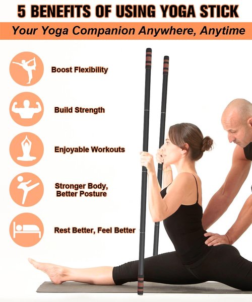 Queension 5 ft Yoga Stick Sturdy Steel, Portable Mobility Stick with Non-Slip Handle for Posture Correction, Balance, Physical Therapy, Exercise Stick with 4 Steel Rods for Stretching, Flexibility