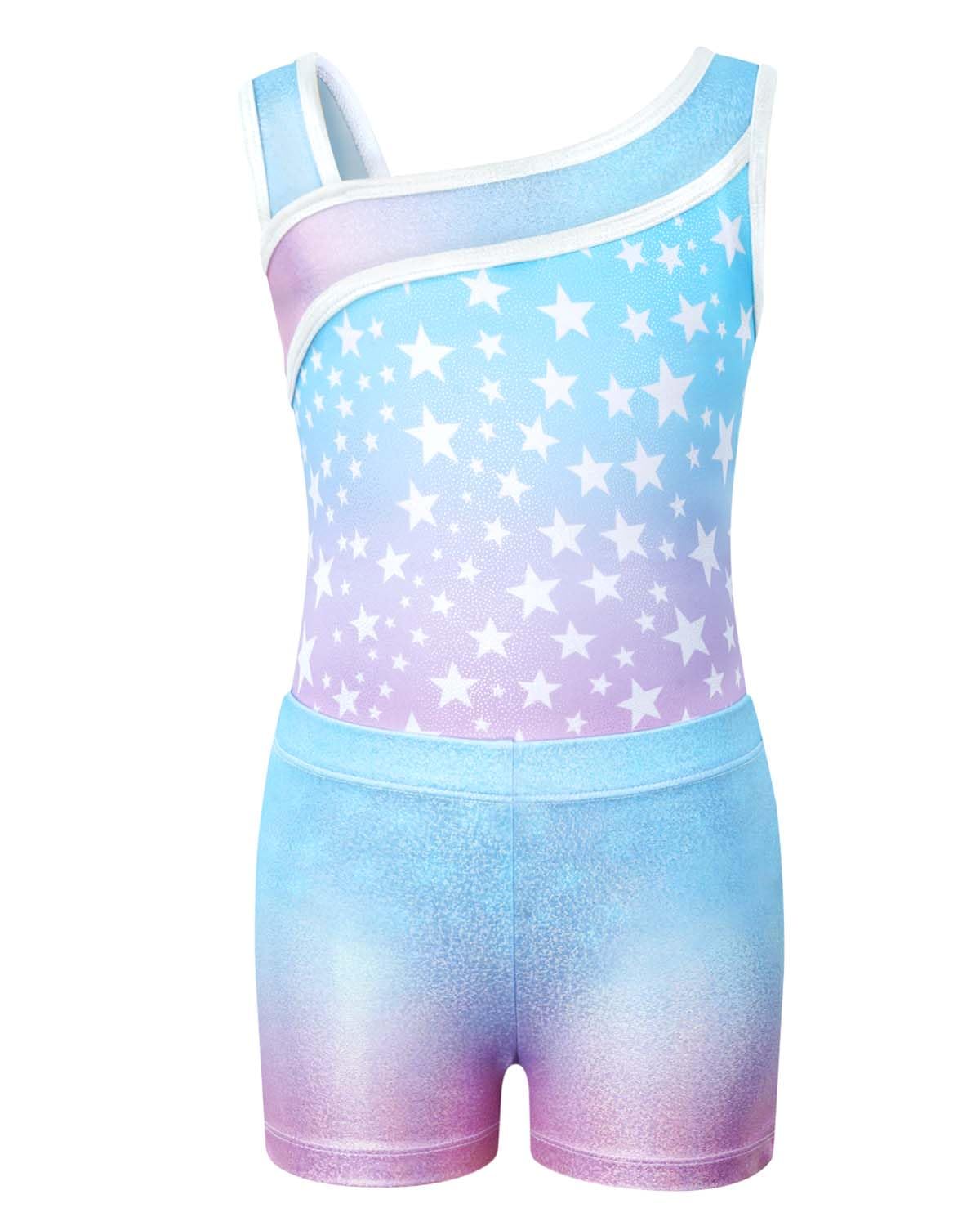 JiAmy Girls Gymnastics Leotards, Glitter Ballet Dance Unitards Biketards Activewear with Short & Hairband for Kids 5-7 Years