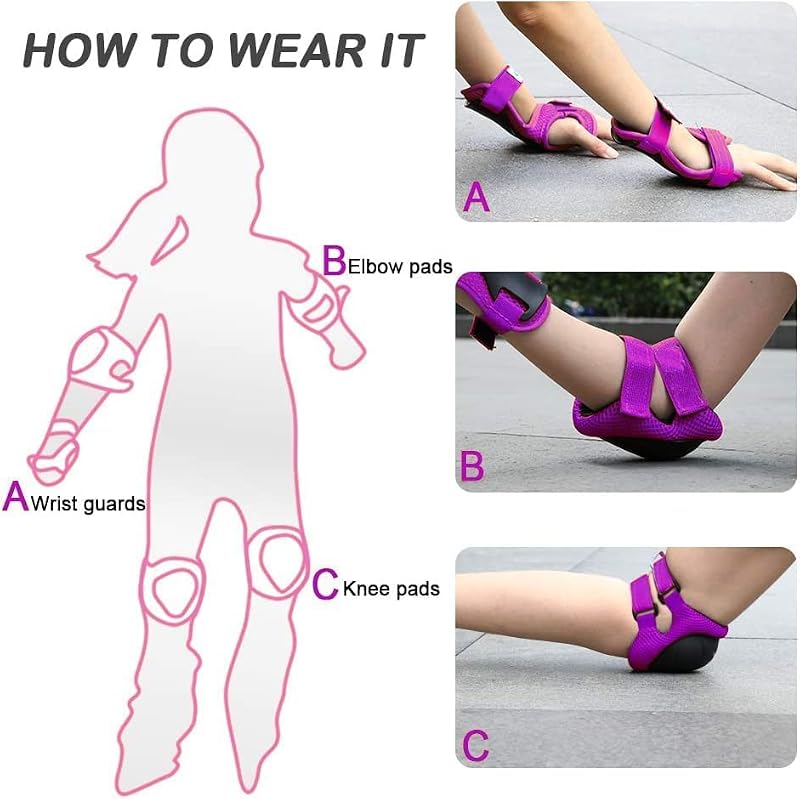 Purple Kids Helmet with Knee Pads Elbow & Wrist Guards - Toddler Bike Safety Gear for Ages 8-14