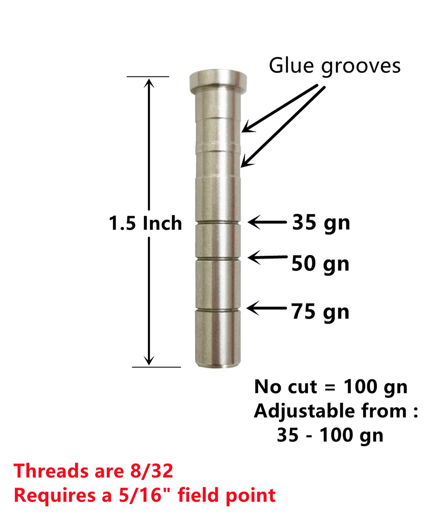 ZOEKO Stainless-Steel Arrow Inserts Suitable for ID .204" .244" Carbon Arrows, Suitable for 5/16" Field Points, Cuttable from 35-200 Grain (A Dozen)