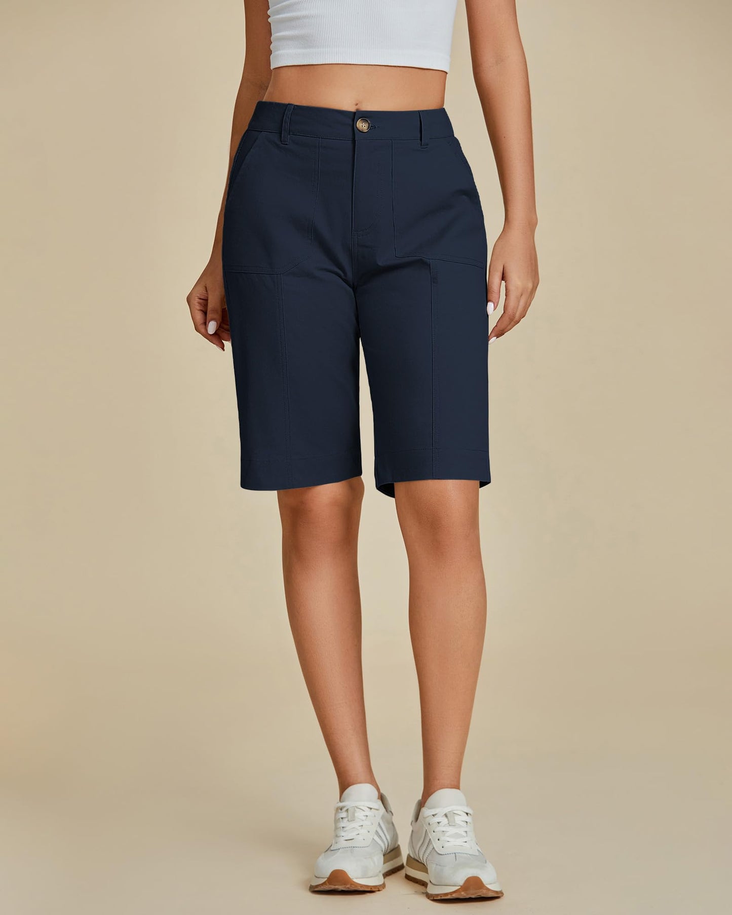 luvamia Bermuda Knee Length Shorts Shorts for Women Trendy Summer Dark Blue Size Large Size 12 14