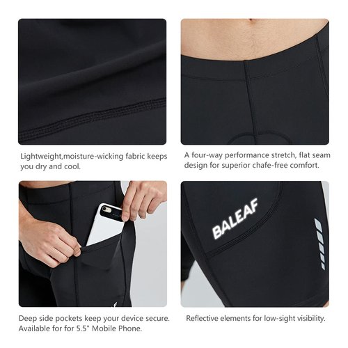 baleaf Men's Bike Shorts 3D Padded Cycling Road Biking Bicycle Riding Clothes Pockets UPF 50+ MTB Accessories Tights Black L