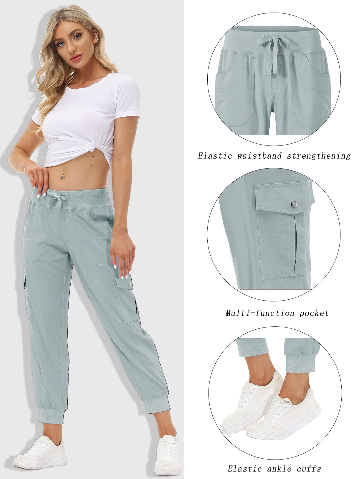 MoFiz Women Cargo Pants with Pockets Lightweight Outdoor Summer Travel Casual Hiking Pants Running Joggers Sweatpants Elastic Waist Light Grey 3XL