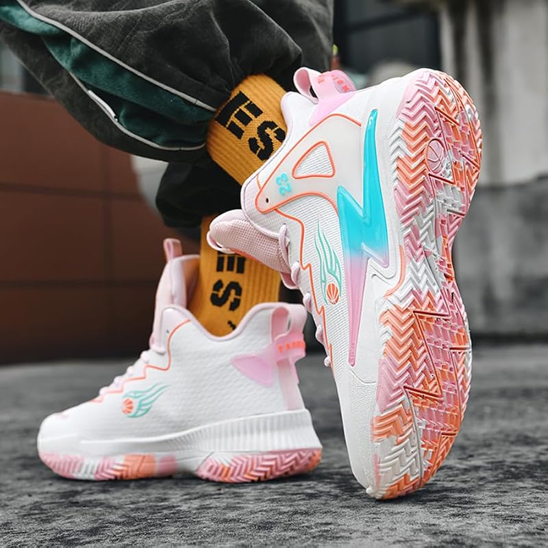 Kiusmety High Top Basketball Shoes for Women & Men, Breathable Non-Slip Outdoor Sneakers - Pink+7 Women/6 Men