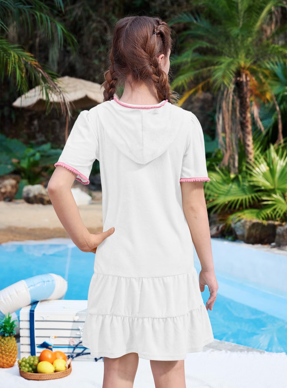 Little Girls Full Zip Ruffle Hem Short Sleeve Bathrobe with Pockets Solid Pink Beach Terry Swim Cover Up 9-10 Years