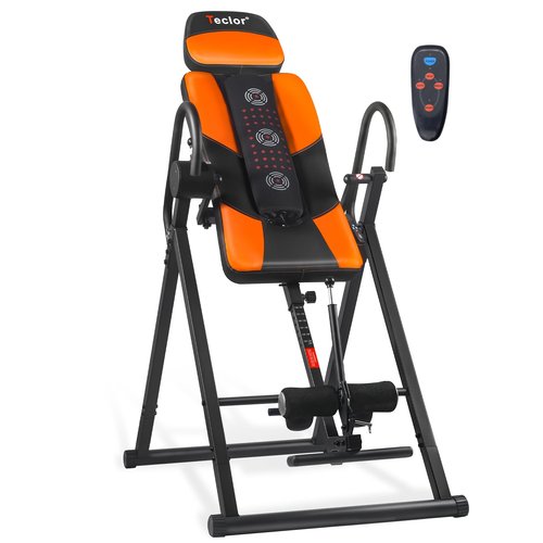Teclor Advanced Heat and Massage Strength Training Inversion Table for Back Pain Relief,Heavy Duty Inversion Table 350 lbs Capacity with Wider and Thickened Backrest, Orange/Black
