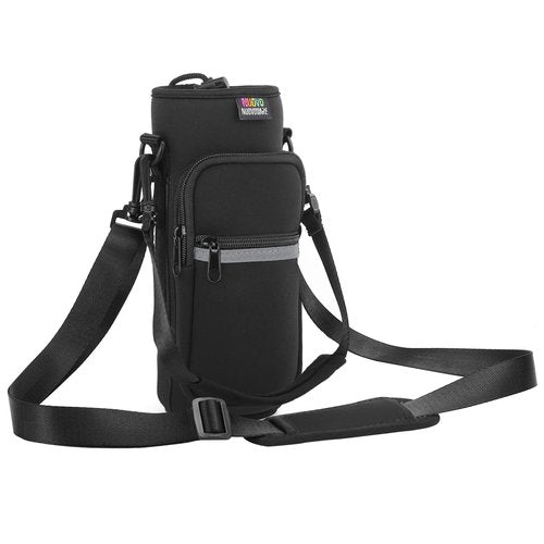 Nuovoware Water Bottle Carrier Bag, 25oz/32oz Bottle Pouch Holder, Adjustable Shoulder Hand Strap 2 Pocket Sling Neoprene Sleeve Sports Accessories for Hiking Travelling Camping, Black