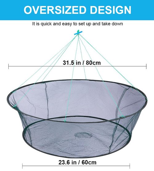 Foldable Fishing Net, Nylon Minnow Trap Crab Trap Crab Net, Drop Net for Pier Fishing, Drop Nets for Pulling Up Fish with Rope, Portable Bridge Fishing Nets for Minnows Crawfish Shrimp (32inch)