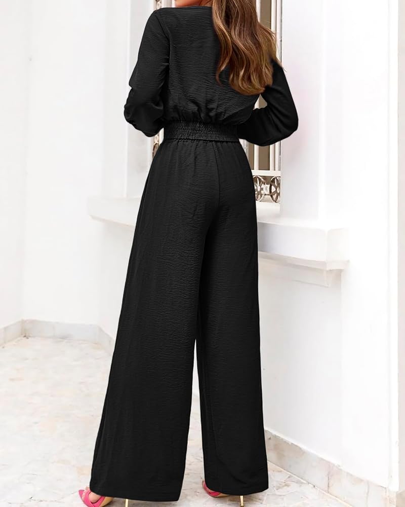 PrettyGarden Women 2-Piece Outfits - V-Neck Crop Top & Wide Leg Pants (Black, Large)