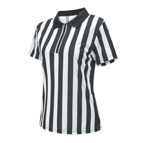 Women's Official Referee Shirt Black & White Stripe Ref Umpire Jersey Short Sleeve for Basketball Football Hockey Zip Front XL