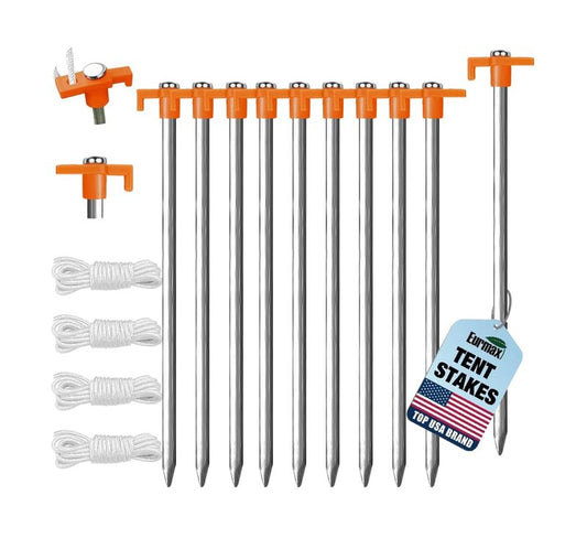 Eurmax USA 10-Pack Secure Protection Galvanized Tent Stakes,Rust-Proof Steel Canopy Anchors for High Winds,Heavy Duty Commercial Ground Pegs for Camping,Pop Up Tents&Gazebos - Includes 4x10ft Ropes