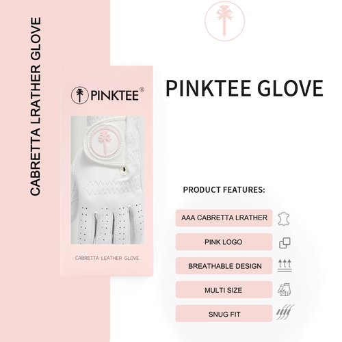 CROWNBLANKS PINKTEE Women's Golf Glove Cabretta Leather Left Hand with Enhanced Grip Ladies Soft Pink Glove Fit Size Small Medium Large XL (19-Small)