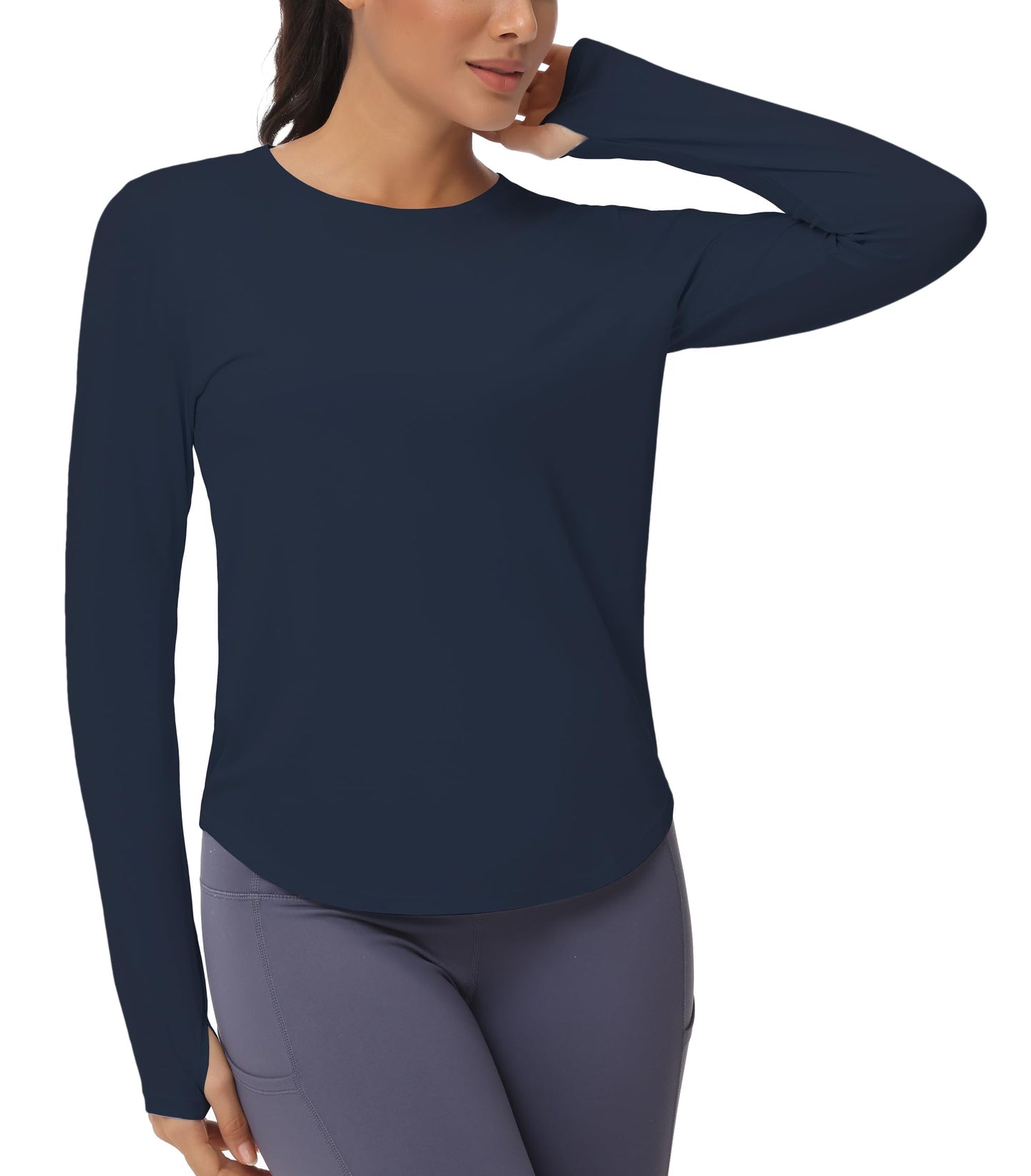 THE GYM PEOPLE Women's Long Sleeve Workout Shirts Athletic Crewneck Hiking Tops with Thumb Hole Navy Blue