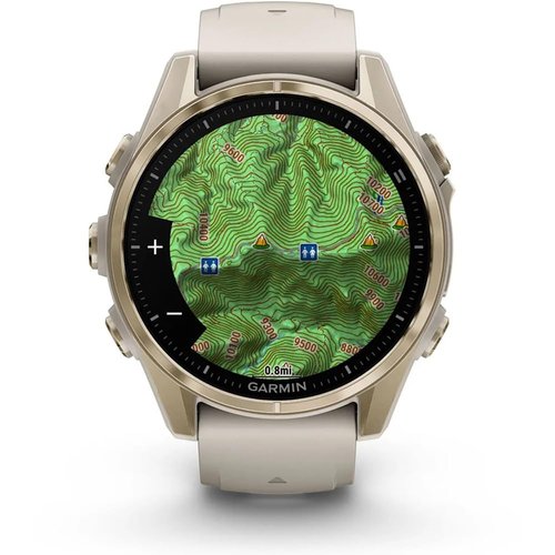 Garmin 010-02903-10 Fenix 8 43 mm, AMOLED, Sapphire, Soft Gold with Fog Gray Sandstone Silicone Band Bundle with Tech Smart USA Fitness & Wellness Suite + Round Tempered Glass Screen Protector