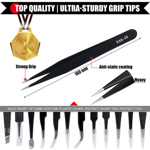 Antonki 12 Pack Precision Tweezers Set for Craft, Soldering, Jewelry, Facial Hair, Eyebrow, Ingrown Hair Removal, Eyelash Extension- with Case