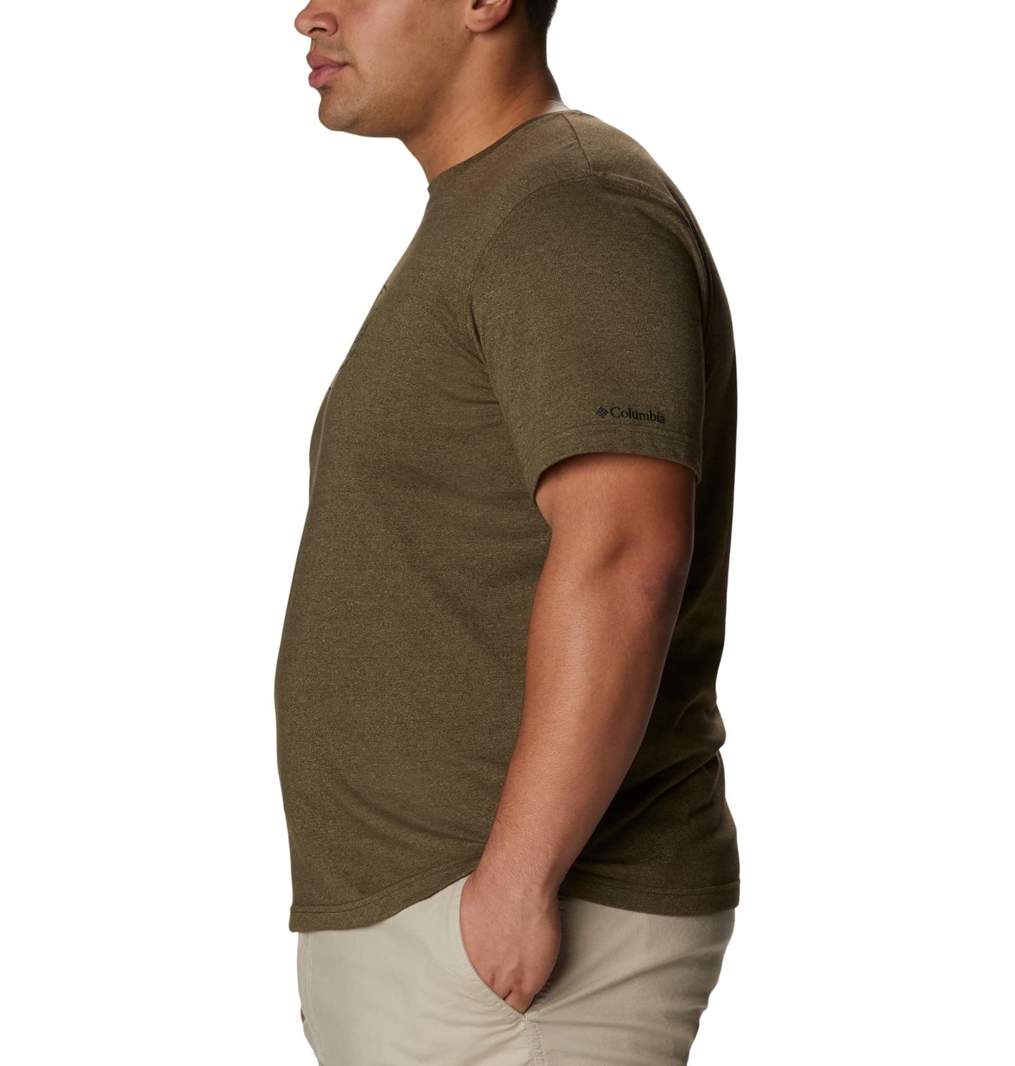 Columbia Men's Thistletown Hills Graphic Short Sleeve, Olive Green Heather/Wanderland Graphic, Medium