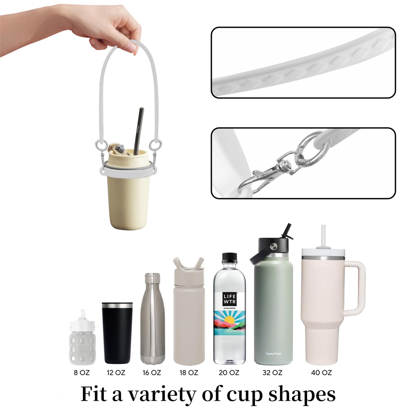 FEVER SEVEN XDSW Universal Water Bottle Carry Strap with Chain - 3-in-1 Silicone Sling, Handle & Holder for 8-40oz Stanley Cup Accessories, Yeti, Owala Tumblers - Hands-Free Cross-Body Design (Water)