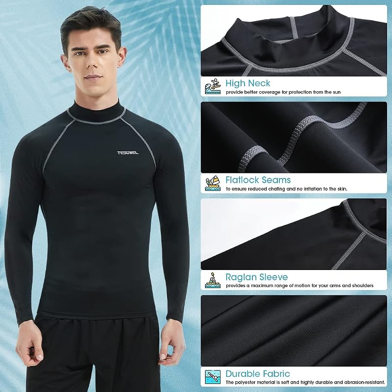 Mens Rash Guard Long Sleeve UPF 50+ Swim Shirt with Black-Grey Variation 6 Medium