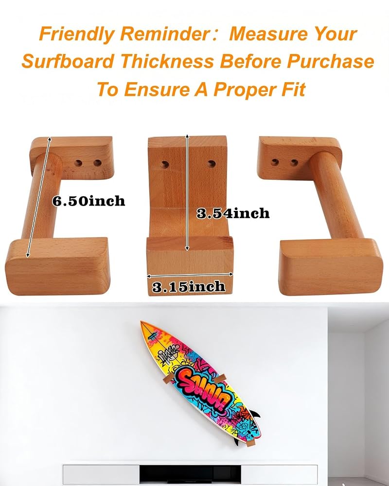 Adjustable Beech Wood Surfboard Wall Mount Rack Holds Up to 70 lbs