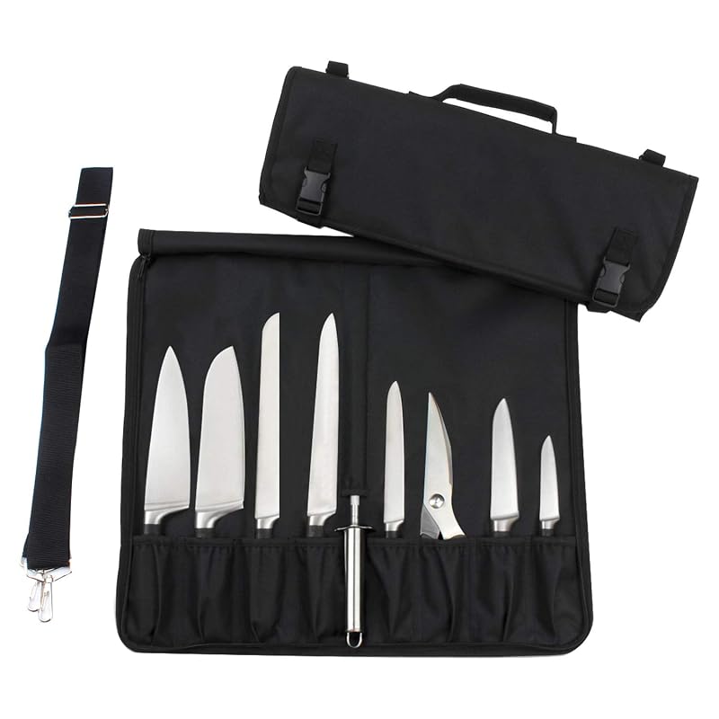 Large Capacity Knife Roll Bag with Handle & Shoulder Strap – 15 Slots Chef Knife Case