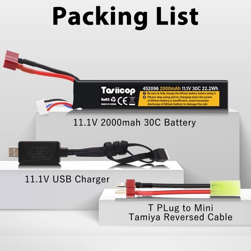 Tosiicop 11.1V Airsoft Battery 2000mAh - Lipo Batteries 30C & XH-4P Connector with T Plug to Mini Tamiya Conversion Cable Rechargeable USB Charger for Airsoft Model Rifle Gel Blaster Accessories