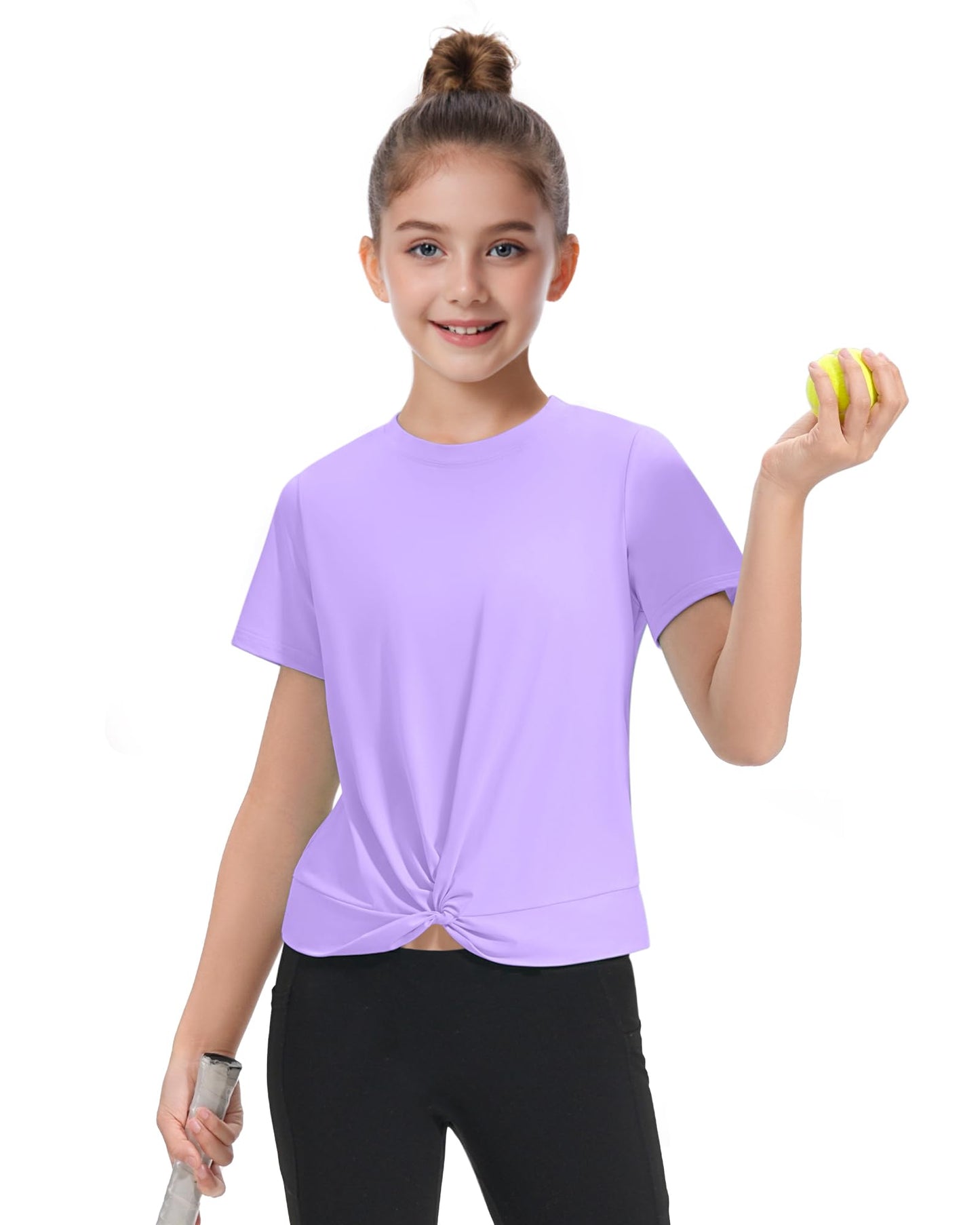 KEREDA Girls Athletic Shirts Tie Front Tops Summer Short Sleeve Quick Dry Active Tees T-Shirts for Kids Teens Purple 7-8 Years