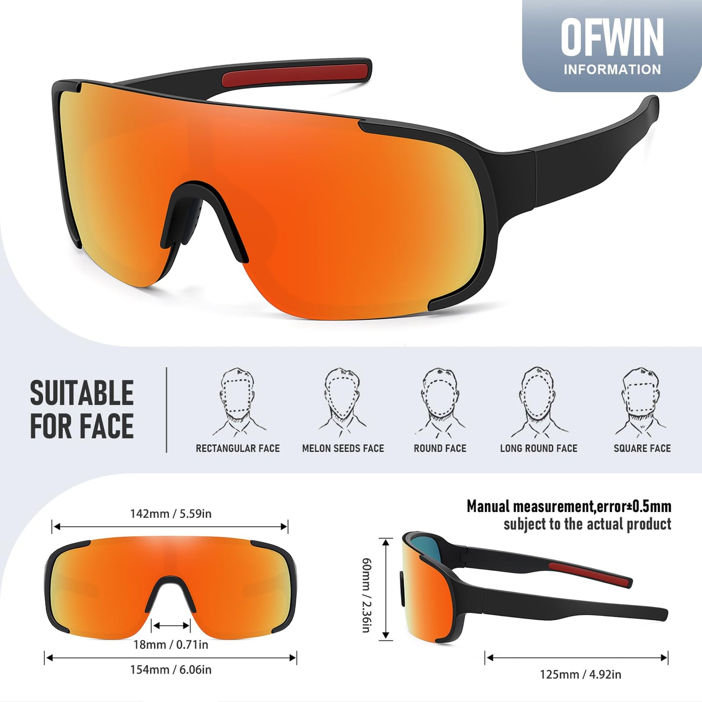 Ofwin Polarized Cycling Sports Sunglasses for Men Women UV Protection Fishing Bike Running Wrap Around Sun Glasses Matte Black/Red