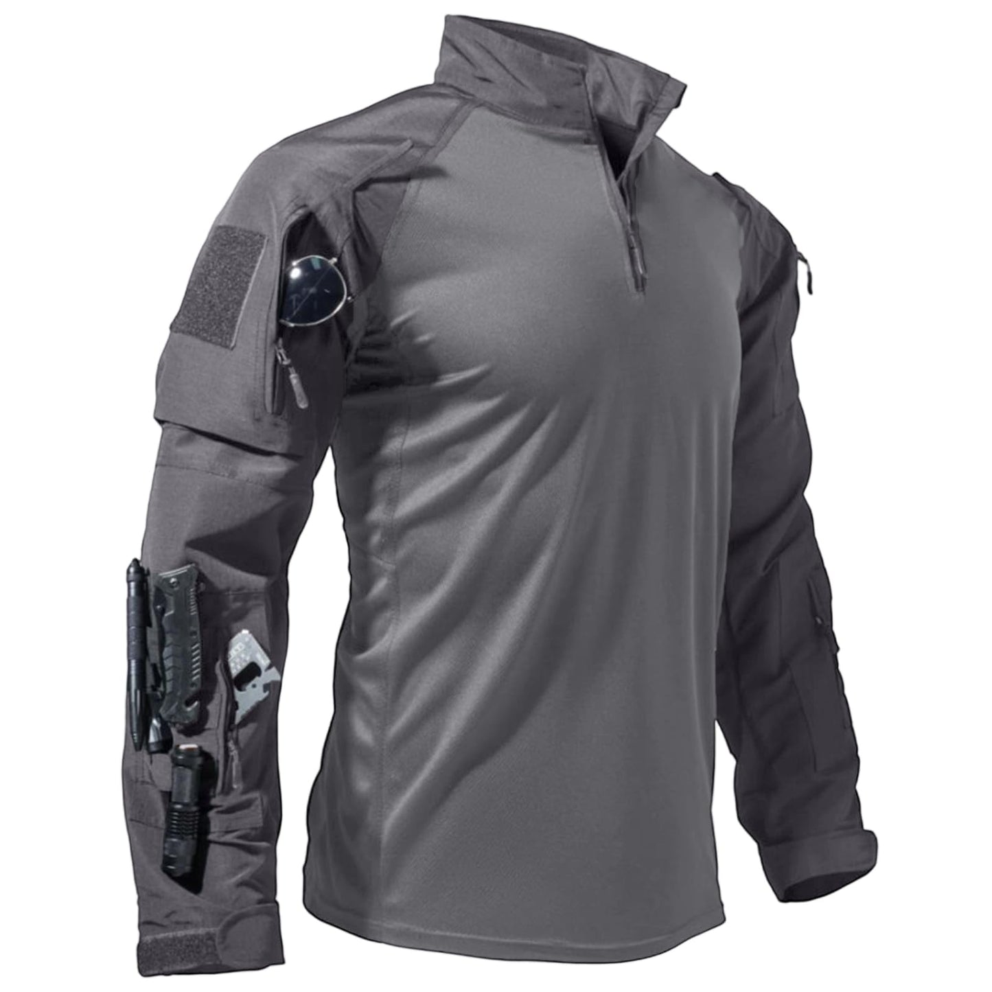 Men's Tactical Shirts Military Combat Shirt，1/4 Zipper Long Sleeve with Elbow Pads Top for Outdoor Paintball Airsoft Grey L