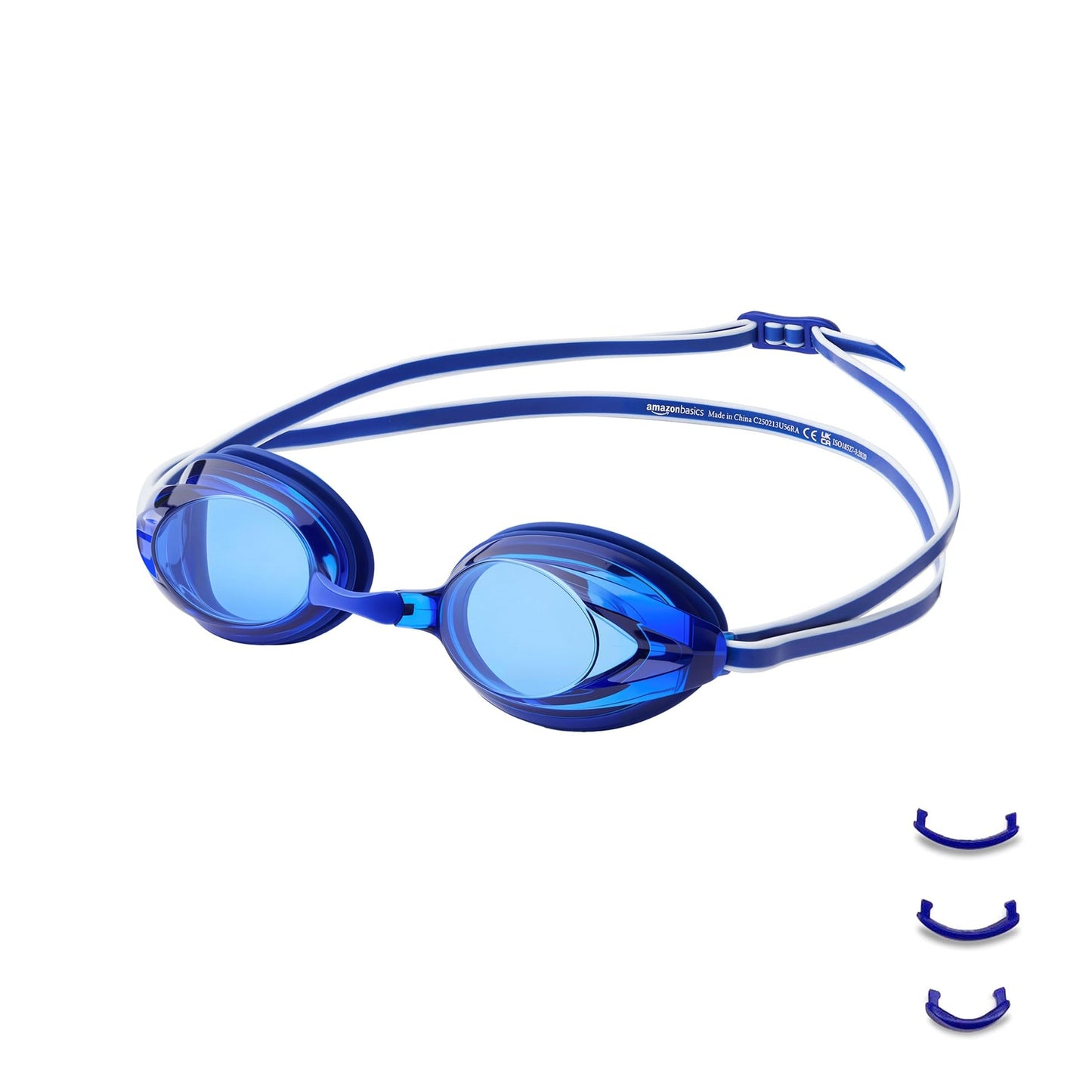 Amazon Basics Unisex Swim Goggles for Adults, Anti-Fog, Unisex, Wide View, 4 Interchangeable Nosepieces, Blue