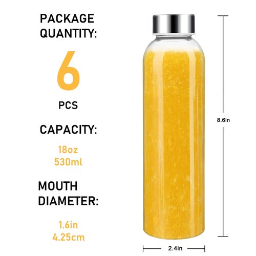 Sursip 18oz Glass Water Bottle Set of 6, Clear glass juice bottle for juicing，Reusable Drinking Bottles with Stainless Steel Lid，Beverage Storage Containers for Refrigerator-BPA Free，Leak Proof
