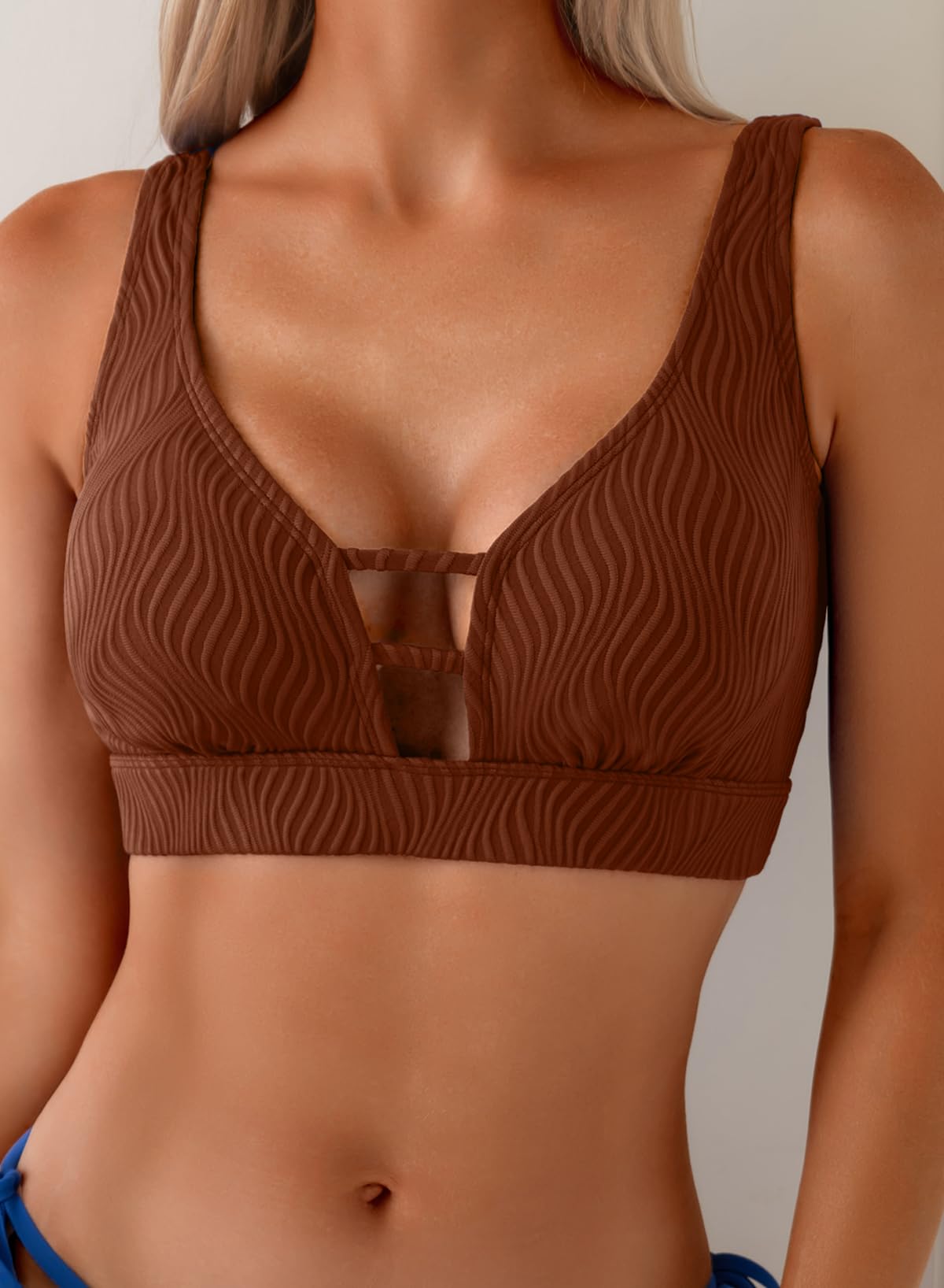 Herseas Womens Ribbed Bathing Suit Tops Cutout Scoop Neck Summer Beach Bikini Tops Padded Support Swimsuit Tops Modest Flattering Swim Top Brown Small