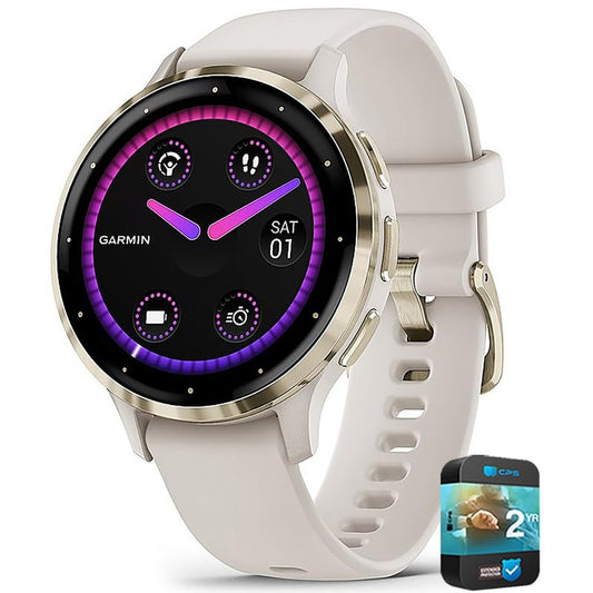 Garmin Venu 3S (Refurbished) Soft Gold Stainless Steel Bezel 1.2-Inch AMOLED Smartwatch with 41mm Ivory Case w/Band (Renewed), 010-N2785-04 - Bundle w/Deco Essentials 2-Year CPS Plan