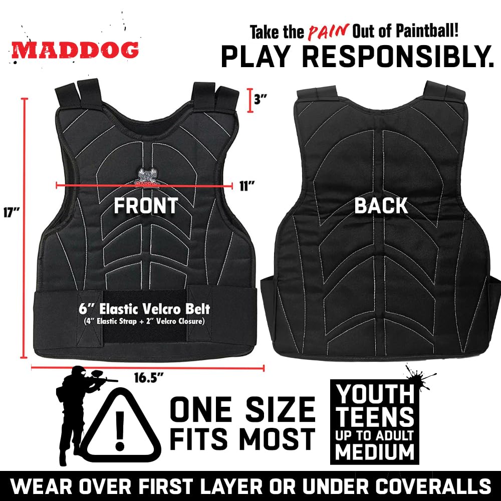 Maddog Padded Paintball & Airsoft Chest and Back Protector - Black Protective Vest for Kids and Adults