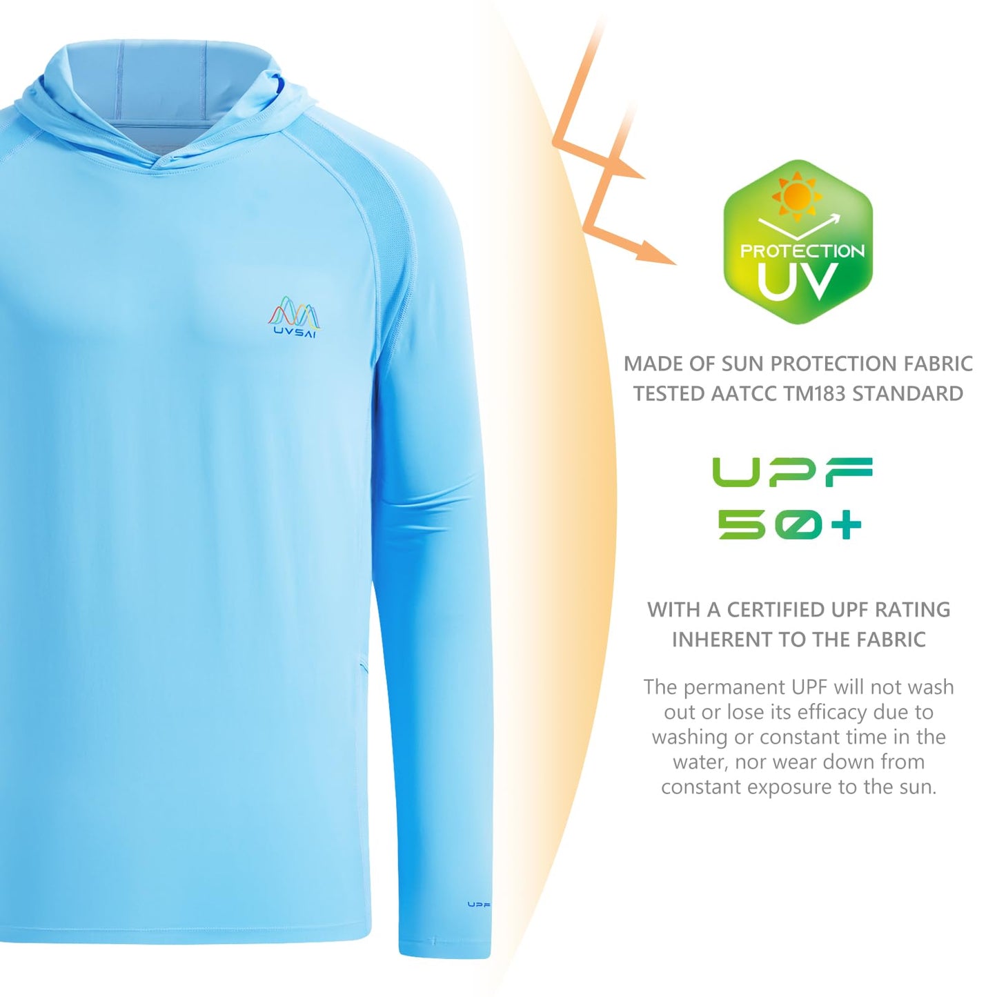 UVSAI Men’s UPF 50+ Hoodie Shirt Long Sleeve Permanent UV Sun Protection Vented Tee Performance for Outdoor Hiking Fishing Sky Blue