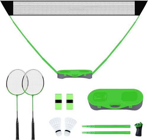 FBSPORT Portable Badminton Net Set with Storage Base, Folding Volleyball Badminton Set with 2 Badminton Rackets 2 Shuttlecocks 10x5 ft Net, Easy Setup for Beach Backyard Combo Set Sport Games