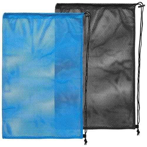2 pcs Mesh Bag Oversized, 19" x 27" Mesh Snorkel Gear Bags, Large Drawstring Net Bag for Diving Snorkeling, Fins, Swimming Gear, Beach and Sports Equipment Balls Collect(Black & Blue)