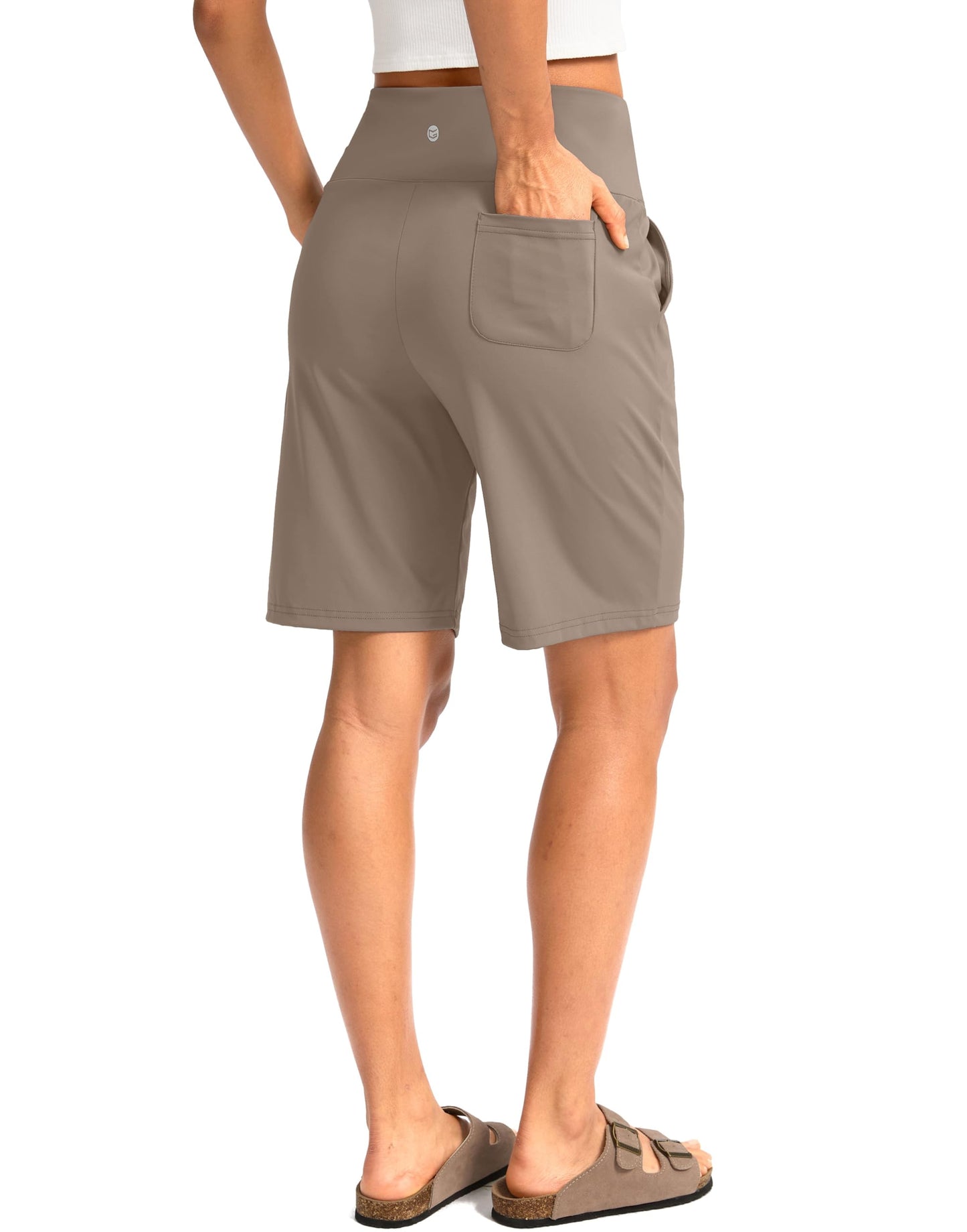 G Gradual Women's Bermuda Long Shorts with Pockets 9" High Waisted Knee Length Shorts for Women Walking Athletic Workout(Taupe,L)