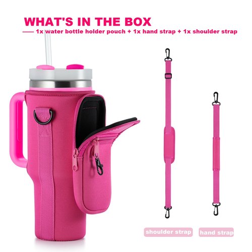 BULKITEM Water Bottle Carrier Bag with Phone Pocket for Pink Stanley 40 oz Tumbler with Handle, Hot Pink Insulated Neoprene Cup Holder Pouch Strap for Valentines Stanley Cup Accessories