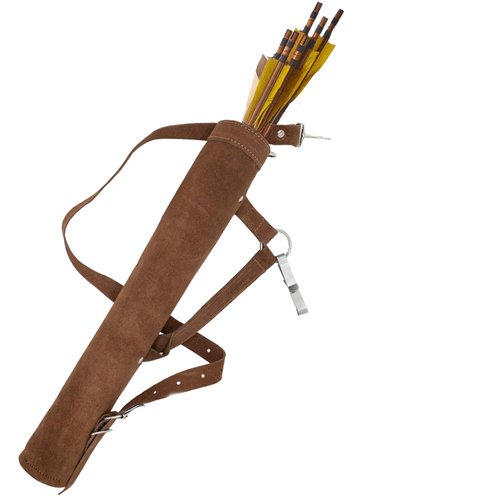 Brown Leather Archery Quiver – Traditional Cowhide Suede Arrow Holder with Adjustable Shoulder and Waist Straps for Hip or Back Carry