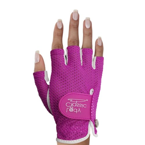 Lady Classic Women's Mesh Half Finger Golf Glove – Cabretta Leather Palm, Breathable Mesh Back, Flexible Grip, Long-Lasting with Removable Ball Marker – Right Hand/White/Fuschia/Large
