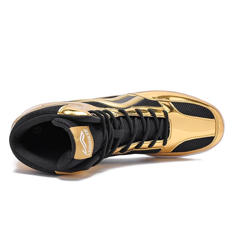 Wrestling/Boxing Shoes for Men - High Top Weightlifting Boots, Lightweight, Non-Slip - Gold 9.5