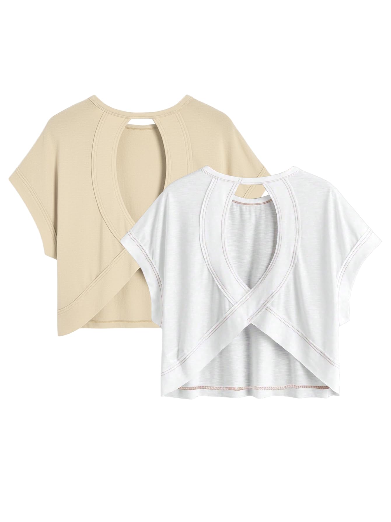 RoseSeek Women's 2 Packs Open Back Tops Criss Cross Cut Out Summer Casual T Shirt Crewneck Short Sleeve Backless Tee Multicolor White Small