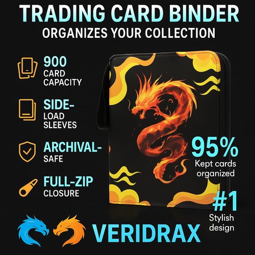 VERIDRAX Card Binder – 9 Pocket Trading Card Binder – 900 Card Zipper Album with 50 Double Sided Sleeves, PU Leather Collector Case for Standard 2.5 × 3.5 in Game & Sports Cards