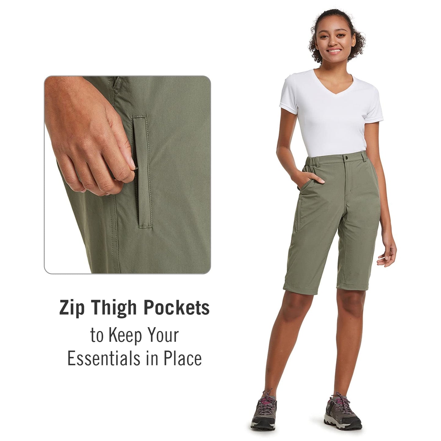 baleaf Women's Hiking Shorts Bermuda Long Knee Length Quick Dry Stretch Elastic Waist for Camping, Travel Sage Green Size S