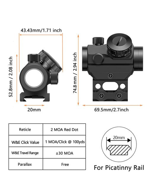 MidTen 2MOA Red Dot Sight, 1x25mm Reflex Sight Waterproof & Shockproof & Fog-Proof Red Dot Scope with 1 inch Riser Mount, Black