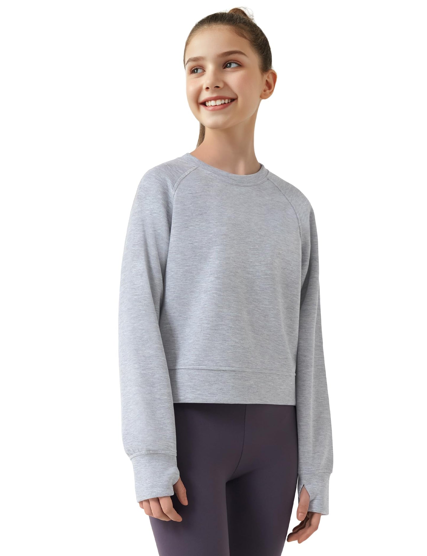 JOCMIC Girls Cropped Sweatshirt Soft Pullover Long Sleeve Shirts with Thumb Hole Fall Tops for Teens Petite Women Grey 11-12 Years