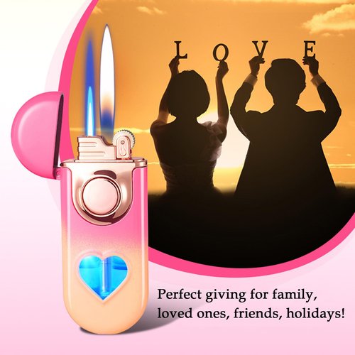 Torch Lighter, Dual Flame Butane Lighter Refillable, Windproof Adjustable Jet Flame and Soft Flame, with Heart-Shaped Transparent Gas Window, for Men Women (Without Butane)-Rainbow