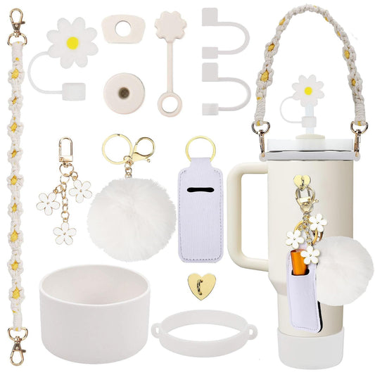 3tyto 13 Pcs Stanley Cup Accessories Set Including Water Bottle Handle Strap, Siliocne Stanley Cup Boot, Siliocne Straw Cover, Stanley Charms for Stanley Cup 40oz & 30oz Tumbler (White)